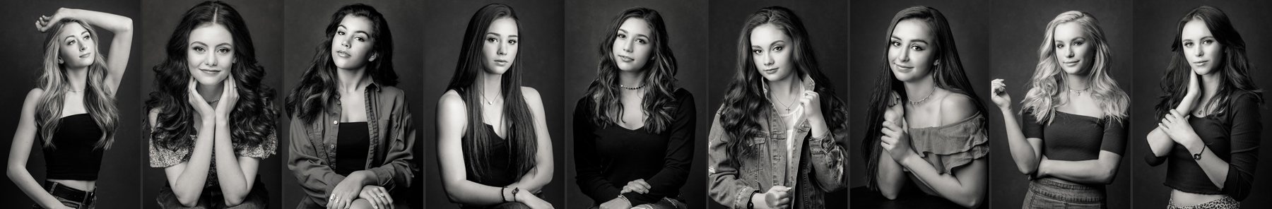black and white panel of nine beautiful young women on grey backdrop in lovely poses