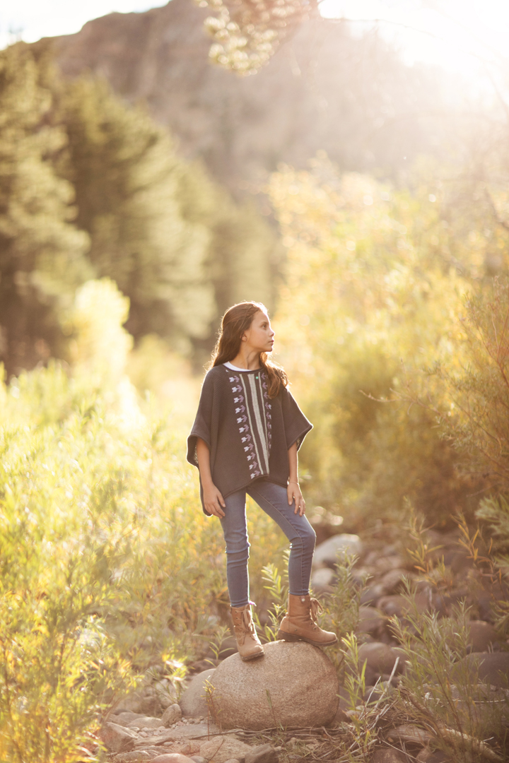 Portrait of a young girl standing on a rock in the fall with beautiful backlight in profile, she is in the Poudre Canyon