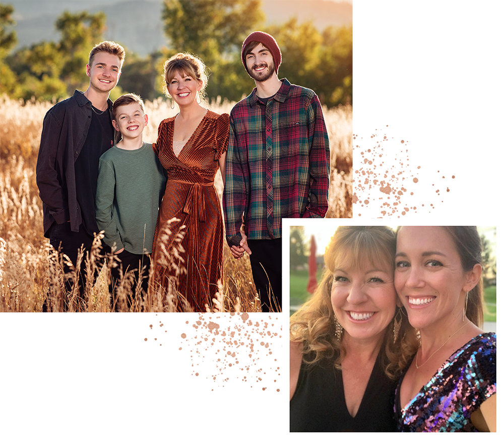 Two photos of Desirée Suchy and her family having their photograph taken all together in Fort Collins Colorado